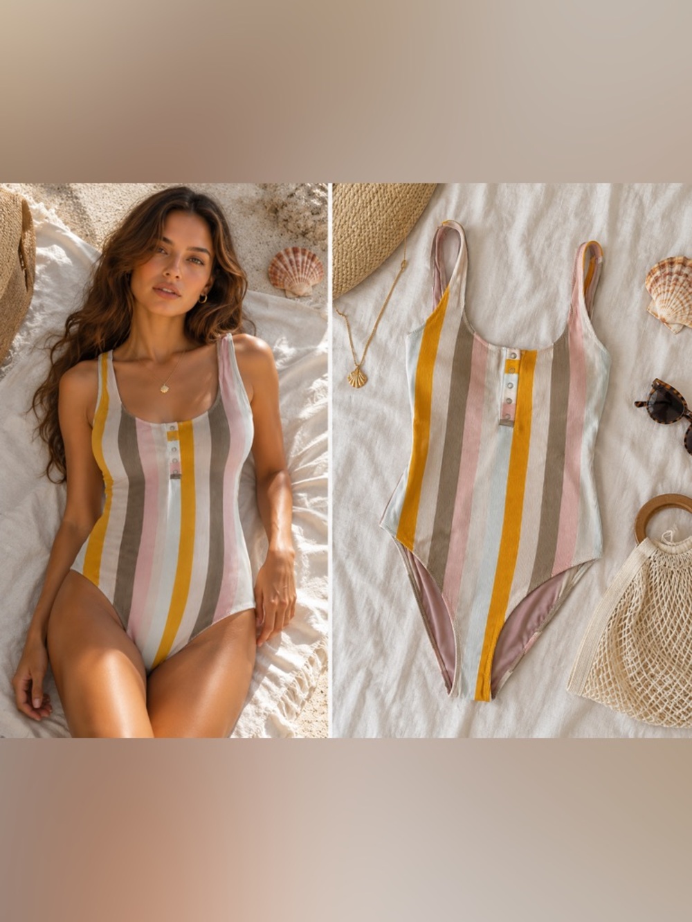 aerie Striped One-Piece Swimsuit in Mustard, Pink, Taupe, Cream